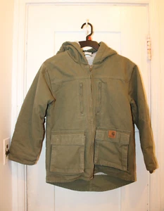 CARHARTT Fleece Sherpa Lined Duck Hooded Rancher Jacket Youth Small 8/10 Green - Picture 1 of 10