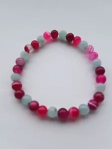 Fushia pink agate and aquamarine gemstone stretch bracelet - Picture 1 of 2