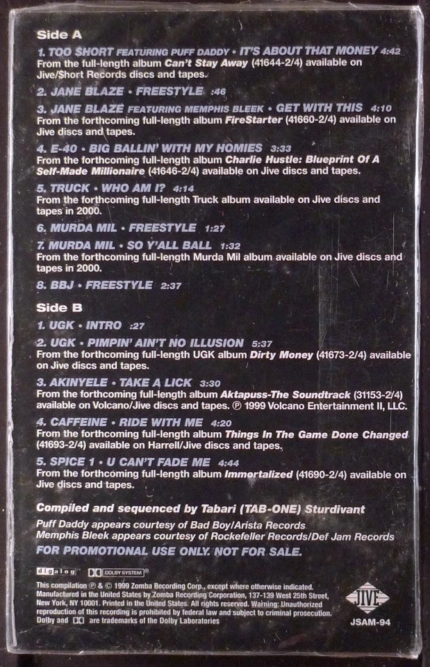 Jive Rap Sampler CASSETTE TOO SHORT UGK SPICE 1 E-40 RAP 1997 SEALED OOP - Image 1 of 1