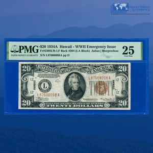 Fr.2305Lfb 1934A $20 FRN Brown Seal "HAWAII" Emergency Issue, PMG VF 25 #08098 - Picture 1 of 3