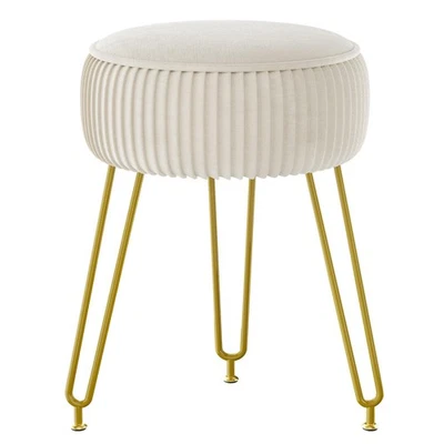 Couch Stool Ottoman, Velvet Round Footrest, Golden Legs, White - Image 1 of 4