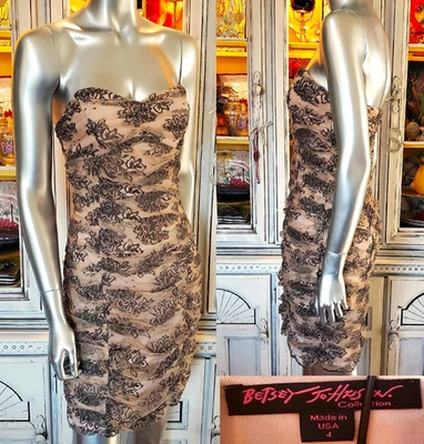 Vestido Betsey Johnson Vintage Y2K Desnudo Negro Floral Encaje Malla Movible Vendaje S 4 Foto 1 de 4