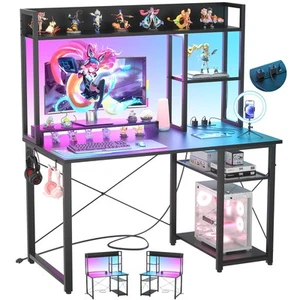 Gaming Desk with Hutch, 39'' Computer Desk with LED Lights & Power Outlets, H... - Picture 1 of 7