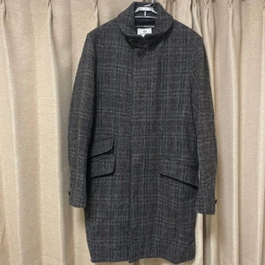 BEAMS HEART x HarrisTweed Wool Plaid Balmacaan Coat Dark Gray Lined Size 46 - Picture 1 of 13