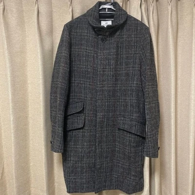 BEAMS HEART x HarrisTweed Wool Plaid Balmacaan Coat Dark Gray Lined Size 46 - Image 1 of 4