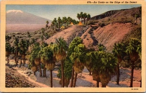 An Oasis On The Edge Of The Desert Linen Postcard - Picture 1 of 4