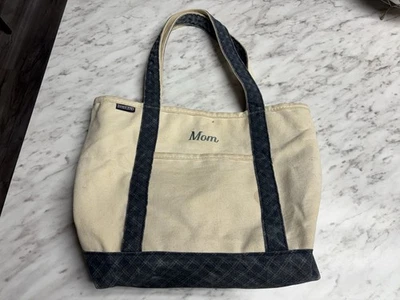 Bolso de Mano Lands End Vintage Lona Años 90 EE. UU. Marfil Azul Crema Cremallera a Cuadros Foto 1 de 4