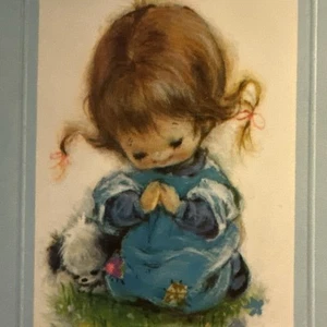 Vintage Muttertagskarte Mary Hamilton Stil kleines Mädchen betende Knie Welpe Hund - Bild 1 von 6