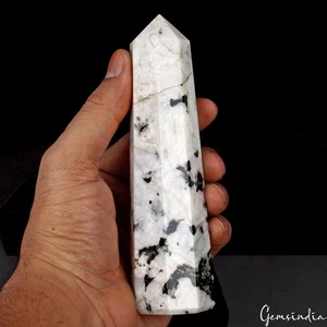 374 g großer weißer Regenbogen Mondstein Kristall Obelisk Turmspitze Quarz Heilung - Bild 1 von 8