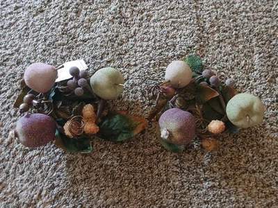 New 4" Home Interiors Frosted Apples Grapes Pears Candle Ring Set Of 2 - Image 1 of 4