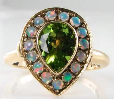 ENGLISH 9K 9CT GOLD PEAR PERIDOT OPAL LOCKET POISON ART DECO INS RING FREE SIZE - Image 1 of 4
