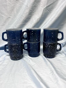 Vintage Anchor Hocking FIRE KING BLUE SPECKLED COFFEE CUP MUG Stackable set of 6 - Picture 1 of 6