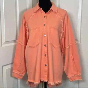 POL Peach Frayed Hi Lo Raw Hem Pockets Dolman Sleeve Denim Jacket Size S - Bild 1 von 7