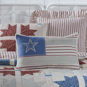 Celebration Patchwork Flag Pillow 14x22 Creme Red Blue Americana VHC Brands - Picture 1 of 6