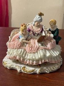 Gorgeous Dresden Porcelain Lace Figurine Mother w/Children Reading STORY TIME - Picture 1 of 13