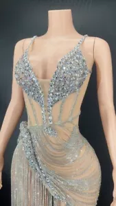 Show Stage glitzernde Strass Fransen Mesh durchsichtig kurzes Kleid feiern - Bild 1 von 12