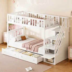 Etagenbett 90x200cm Hochbett Kinderbett mit Stauraumtreppe und 2 Schubladen Weiß - Bild 1 von 12