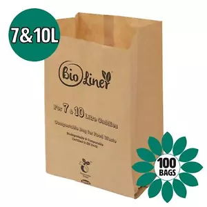 7L & 10L - 100 x Paper Compostable Brown Caddy Food Waste Bin Liners/Bin Bags - Picture 1 of 3