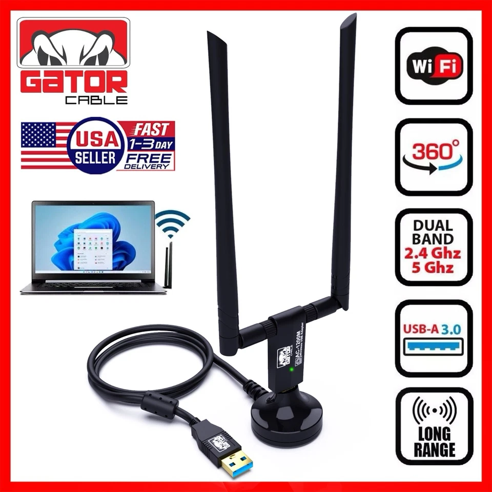 WiFi USB 3.0 Adapter Antenna Long Range Wireless Extender 1200Mbps Dual Band - Image 1 of 4