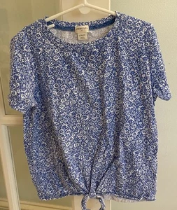 J.Crew Crewcuts Girls Size L Large 10-11 Blue White Floral Short Sleeve T-Shirt - Picture 1 of 5