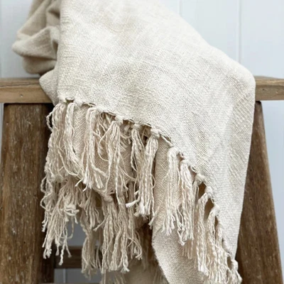 Ivory Solid 100% Cotton Throw – Handwoven, Soft & Boho-Inspired Blanket 52x72 in - Image 1 of 3