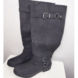 Ruiee Damen kniehohe Stiefel schwarz runde Spitze S Schnalle Akzent Größe 8 - Bild 1 von 6