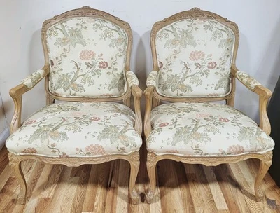 PAIR Vintage FRENCH Louis XV COUNTRY Style Carved Upholstered BERGERE ARM CHAIRS - Image 1 of 4