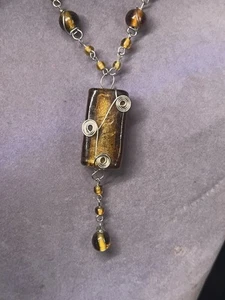 VINTAGE AMBER & GOLD MURANO GLASS SILVER TONE NECKLACE 16-17.5” - Picture 1 of 7