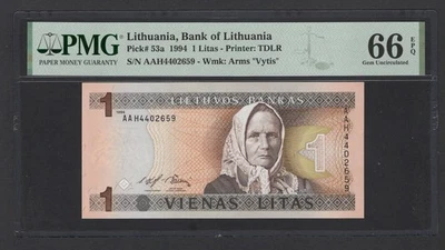 Lithuania One Litas 1994 P53a Uncirculated Grade 66 - Image 1 of 2