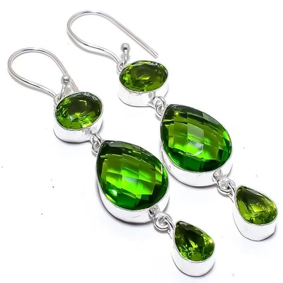Green Peridot Earring, Handmade Gemstone 925 Sterling Silver Earring'' - Image 1 of 2