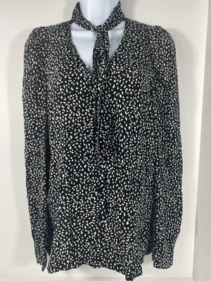 Maje Cosini Black and White Tie Neck Button Down Blouse Size 3 (US 10/12) NWOT - Image 1 of 4