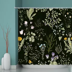 Black Floral Shower Curtain Watercolor Flower Herbal Plant Green Leaves Wildflow - Picture 1 of 12