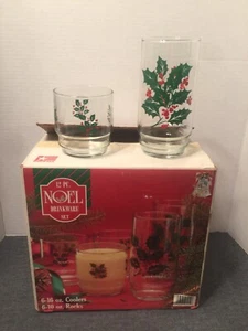 Nuevo juego de utensilios de bebida vintage de vidrio de Indiana de 12 piezas Noel (Acebo) 6 cada 10 y 16 oz - Imagen 1 de 3