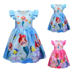 Children Girls Mermaid Ariel Princess Dress Short Sleeve Party Swing Sundress - Picture 1 of 11