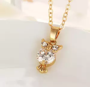 Ladies Girls Pendant Necklace Cubic Zirconia Owl Shape Gold or Silver Chain - Picture 1 of 12