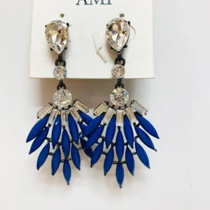 New Women's Ami Royal Blue Marquise Dangle Pierced Earrings Crystal Pear Shaped - Picture 1 of 1