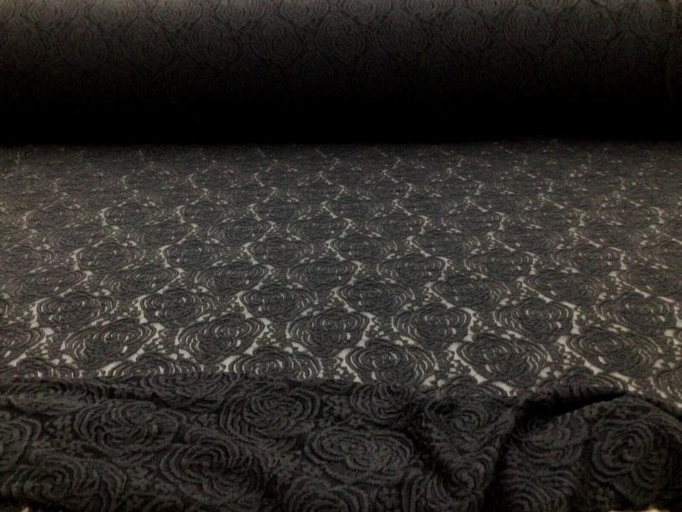 Embroidered Stretch Lace Apparel Fabric Sheer Rose Floral Black YY113 - Image 1 of 1