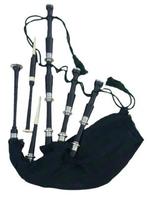 Новые шотландские большие горные волынки палисандр серебряные крепления и черные часы тартан - Изображение 1 из 4