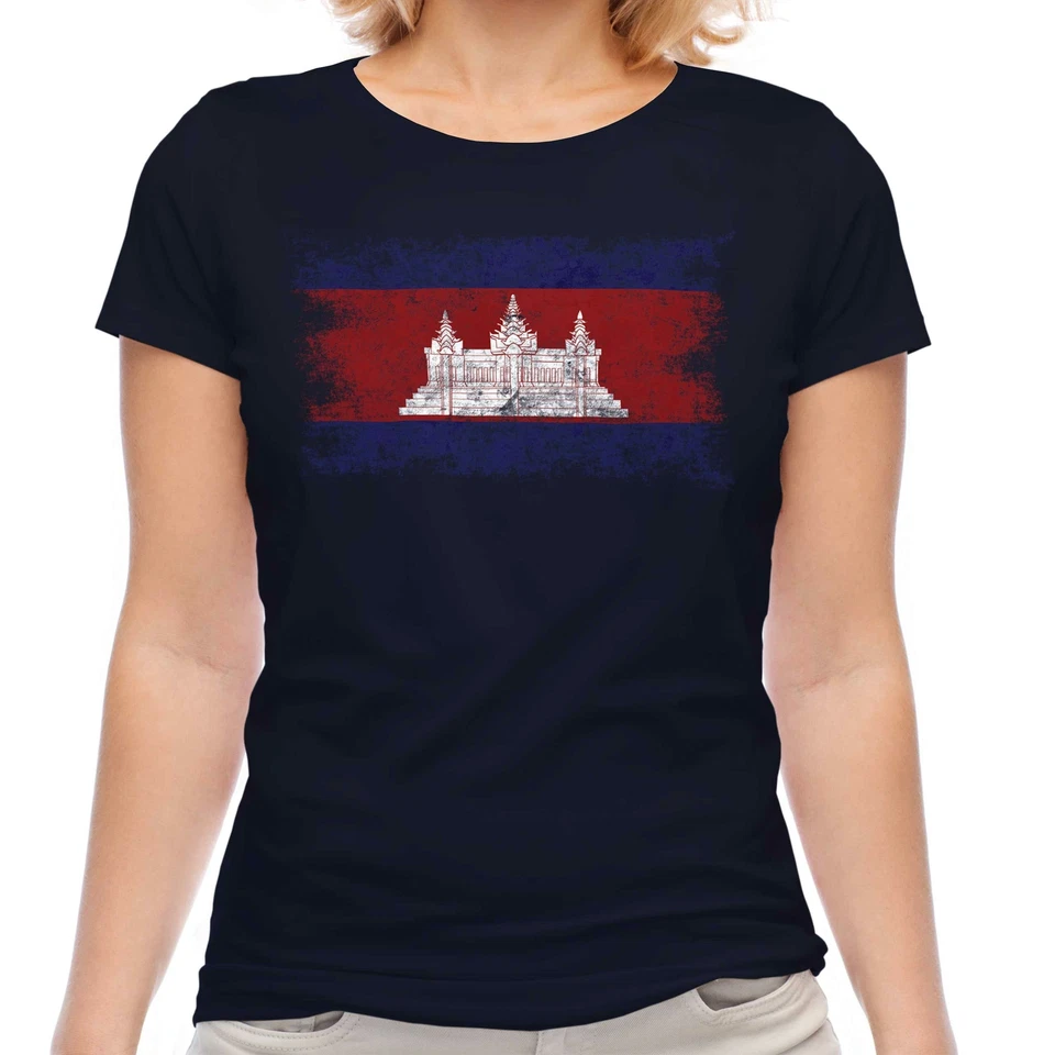 CAMISETA DE MUJER CON BANDERA ANGUSTIADA DE CAMBOYA KAMPUCHEA FÚTBOL CAMBOYANA Foto 1 de 1