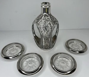 Vintage Japanese Sterling Silver Bamboo Leaf Overlay Glass Liquor Decanter Set - Picture 1 of 24