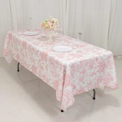 60" x 102" Pink French Toile Pattern Polyester Rectangular Tablecloth - Image 1 of 4