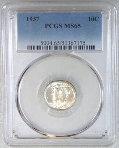 1937 Mercury Dime PCGS MS65 Frosty White PQ Just Graded #V125W - Picture 1 of 4