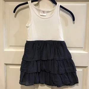 Hanna Andersson 100 Girls White Tank Dress Blue Chambray Ruffle Skirt Size 4 - Picture 1 of 5