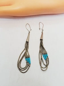 Vintage Sterling Silver Liquid Turquoise beaded Southwestern Dangle Earrings(81) - Picture 1 of 3