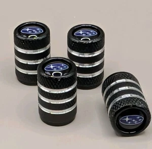 4x Black And Silver Tire Air Valve Stem Cap Fits Most Subaru Cars, Wagons & SUVs - Picture 1 of 3