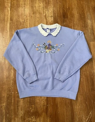 Vintage Embroidered Floral Cottagecore Collared Purple Grandma Sweatshirt Large - Image 1 of 4