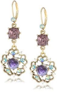 Carved Flower Medallion & Crystal Gem Drop Earrings,Purple - Picture 1 of 3