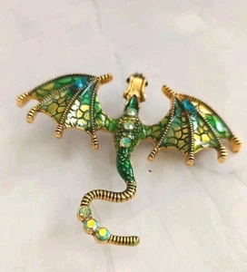 Gold Tone Green & Yellow Enamel & Rhinestones Dragon Brooch 7x6cm New - Picture 1 of 2