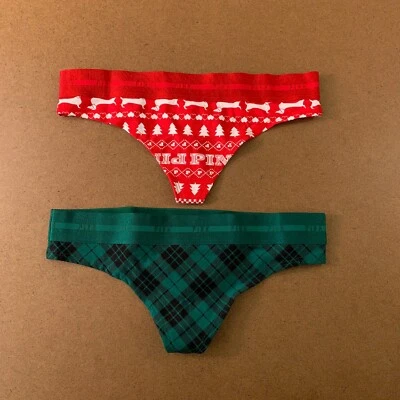 Victorias Secret ROSA Mujer Pequeño Verde Rojo Vacaciones Tanga Panty 2 Piezas Nuevo con Etiquetas Foto 1 de 4
