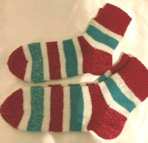 100% Cashmere Handmade Colorful Red Green Striped Soft Bed Socks Women's S-M & L